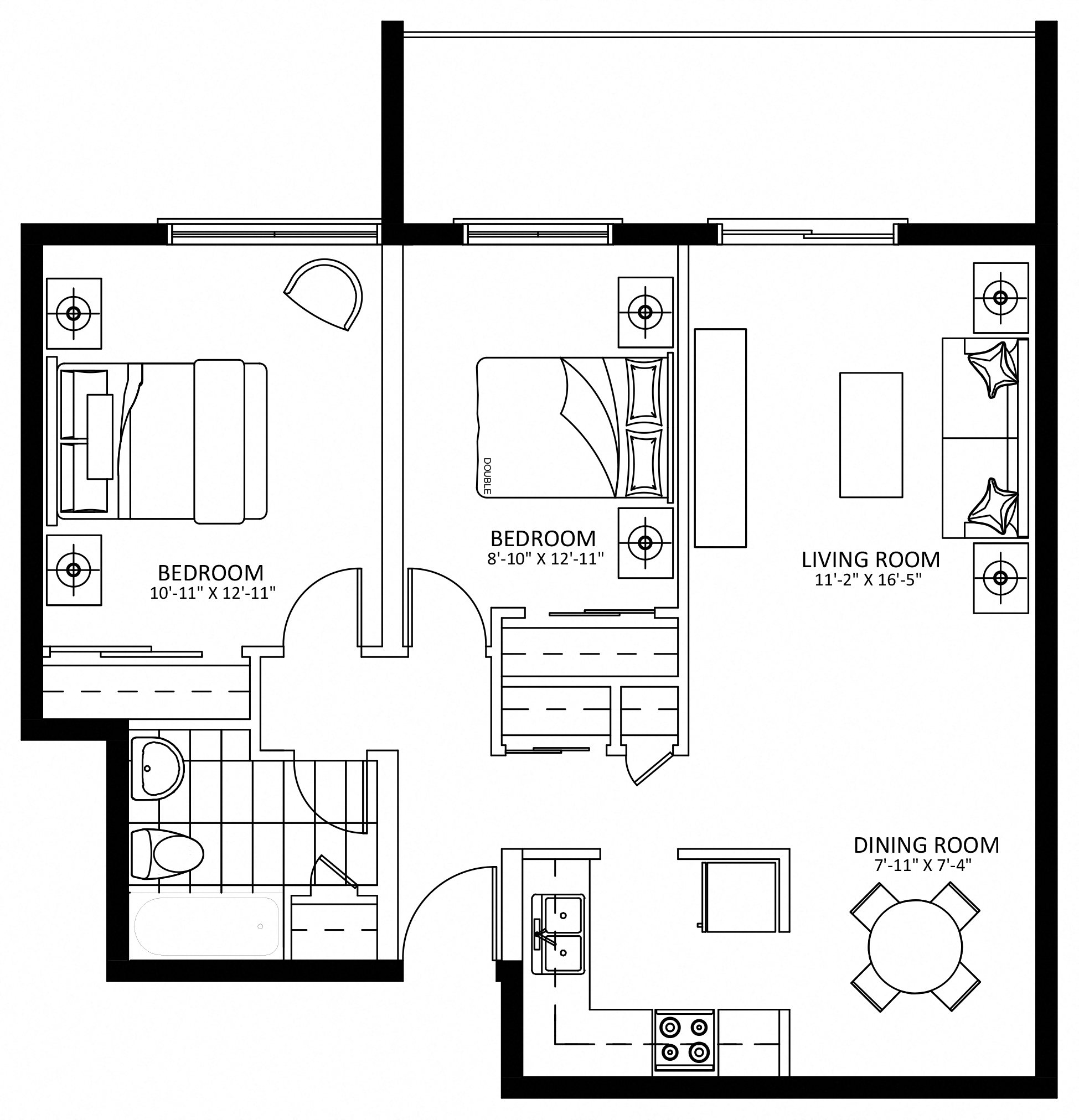 Floor plan for 2 beds, 1 bath, 847 sqft